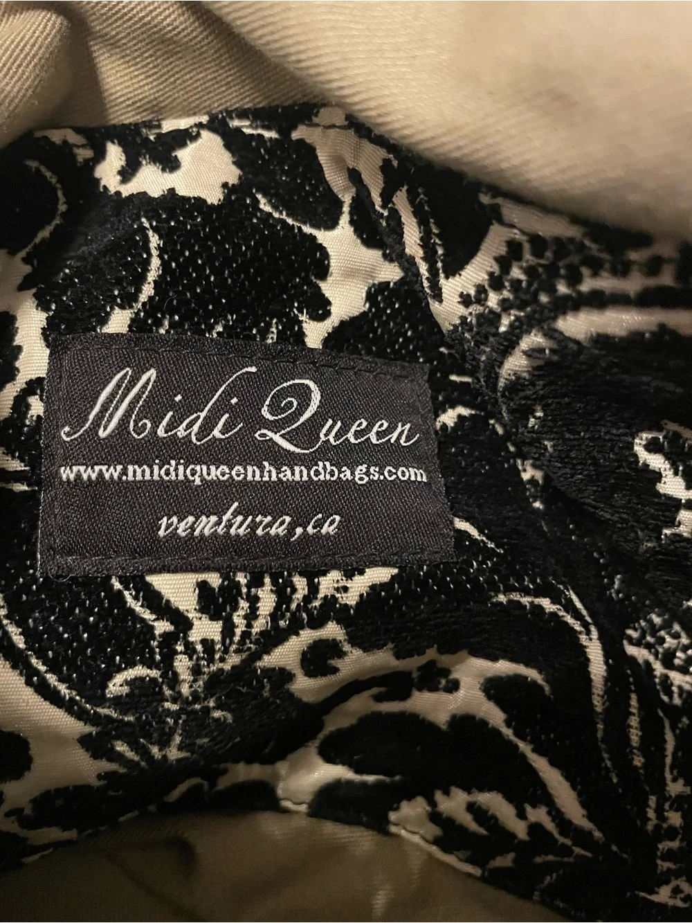 Black & Cream Damask Shoulder Bag with Leather Strap